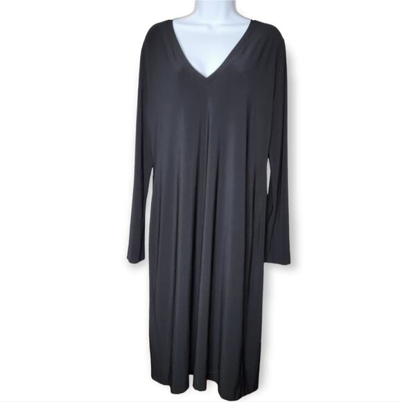 Norma Kamali Deep V Neck Shift Dress Black Long Sleeve Midi Length Size XL Women - Picture 6 of 9